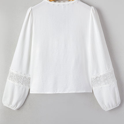 White Solid Color Floral Guipure Patchwork Frilled Long Sleeve Blouse