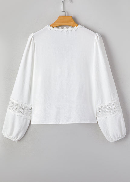 White Solid Color Floral Guipure Patchwork Frilled Long Sleeve Blouse