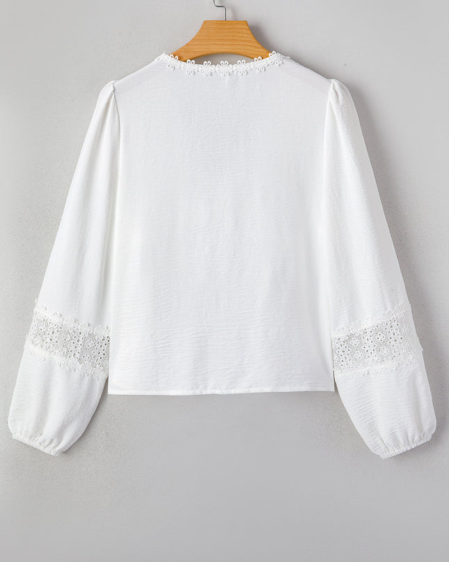 White Solid Color Floral Guipure Patchwork Frilled Long Sleeve Blouse