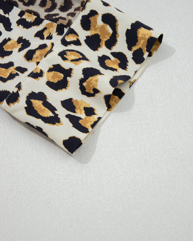 Khaki Mixed Leopard Patchwork 3/4 Sleeve Loose Shirt