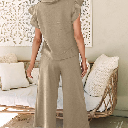 Black Textured Flutter Sleeve Top Wide Leg Pants Set