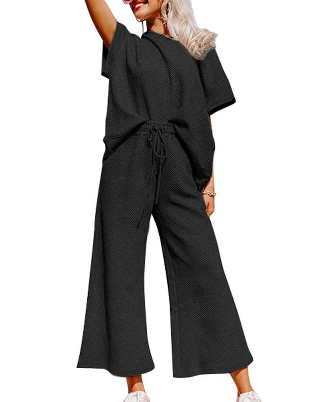 Black Textured Loose Fit T Shirt and Drawstring Pants Set