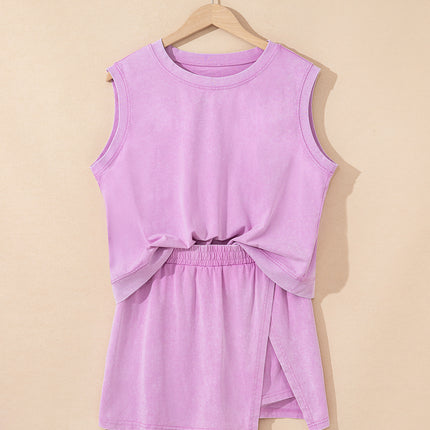 Myosotis 2 Pieces Cotton Tank Top Lined Split Skirt Set