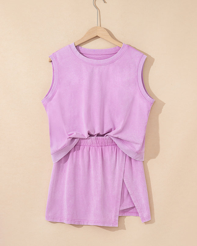 Myosotis 2 Pieces Cotton Tank Top Lined Split Skirt Set