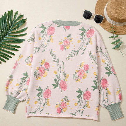 Pink Floral Pattern Striped V Neck Loose Sweater