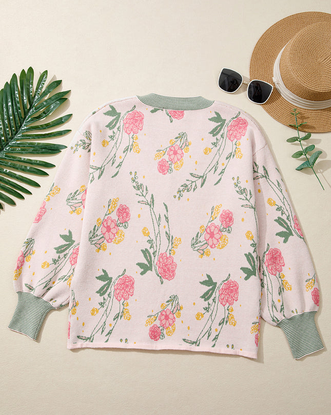 Pink Floral Pattern Striped V Neck Loose Sweater