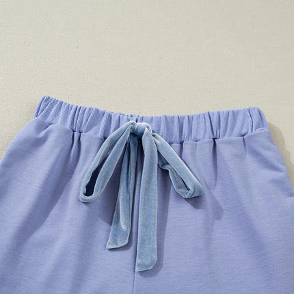 Beau Blue Flounce Long Sleeve Top Drawstring Pants Contrast Velvet Bow Knot 2pcs Lounge Set