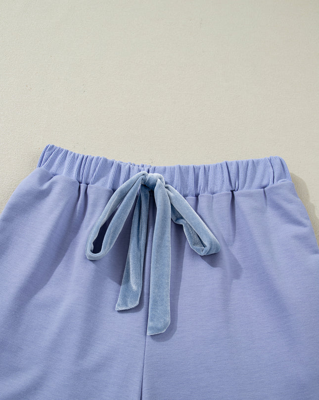 Beau Blue Flounce Long Sleeve Top Drawstring Pants Contrast Velvet Bow Knot 2pcs Lounge Set