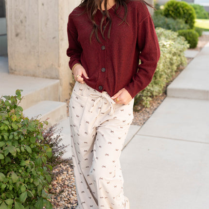 Apricot Bow Print Drawstring Elastic Waist Loose Corduroy Pants