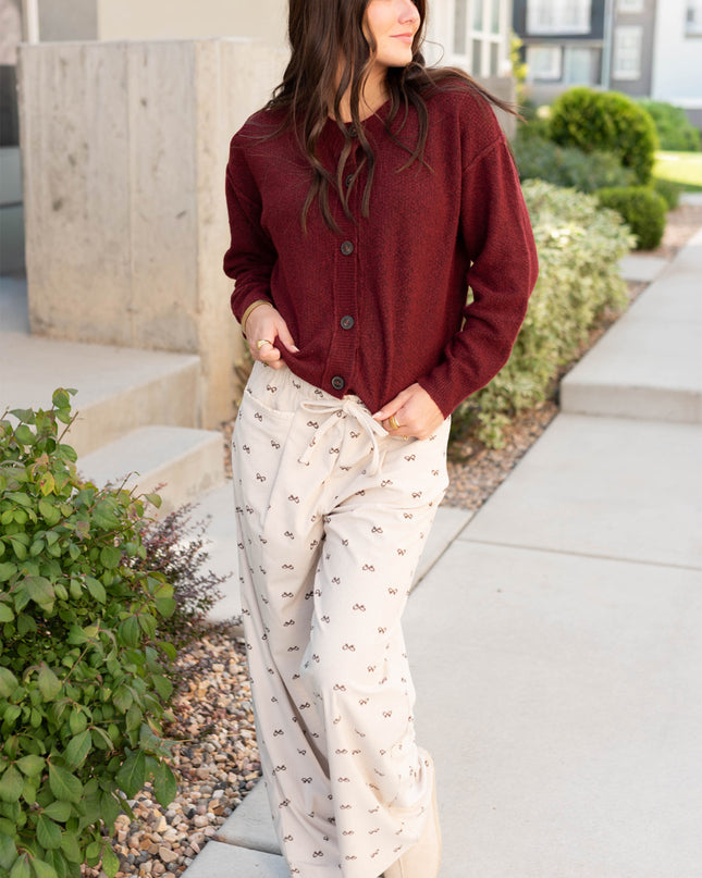 Apricot Bow Print Drawstring Elastic Waist Loose Corduroy Pants