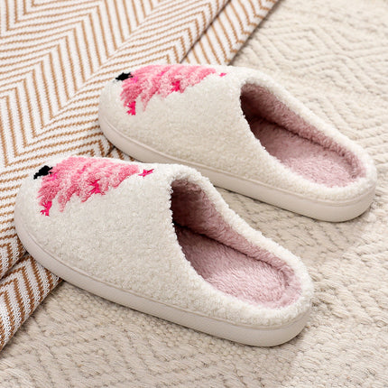 White Plush Christmas Tree Color Contrasted Liner House Slippers