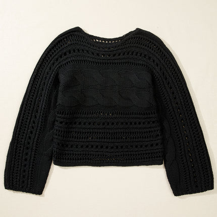 Smoke Gray Hollow-out Cable Knit Cropped Sweater