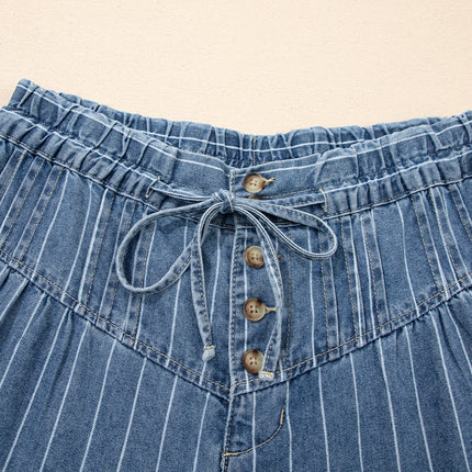 Sky Blue Stripe Button Pleated Drawstring Waist Casual Wide Leg Jeans