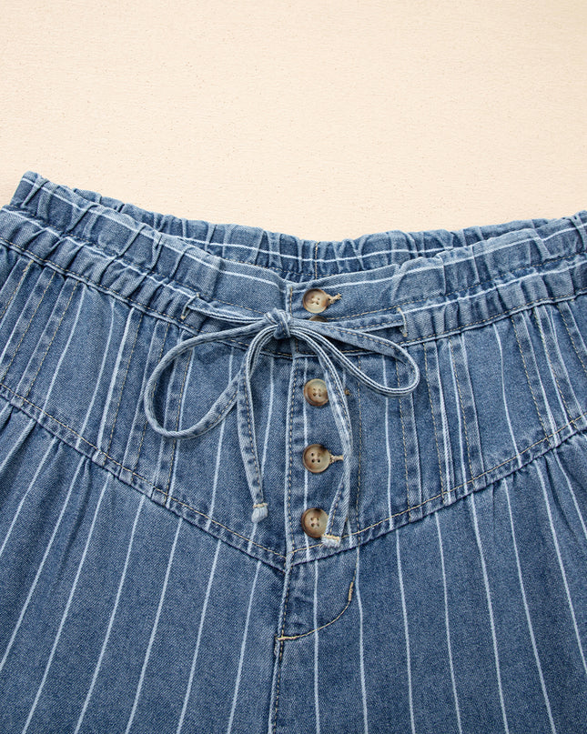 Sky Blue Stripe Button Pleated Drawstring Waist Casual Wide Leg Jeans