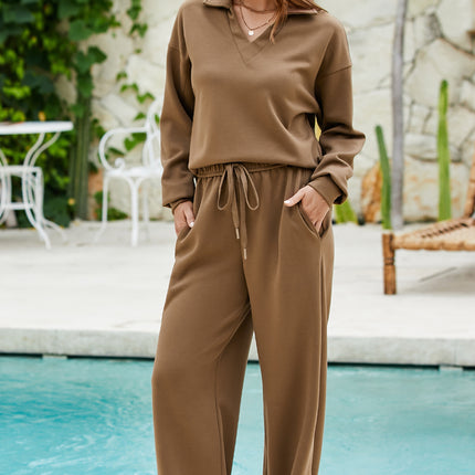 Coffee Solid Color V Neck Top and High Waist Pants Set
