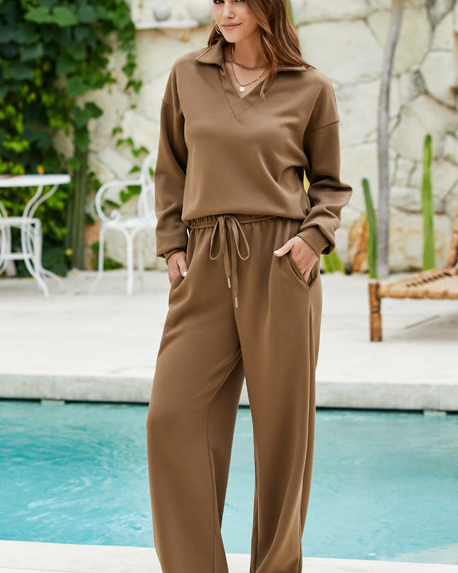 Coffee Solid Color V Neck Top and High Waist Pants Set