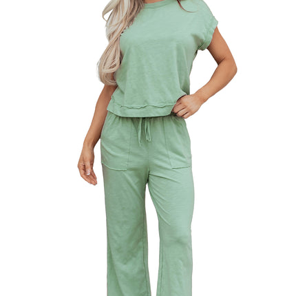 Canton Cuffed Short Sleeve Tee Raw Seam Patch Pocket Drawstring Pants Set