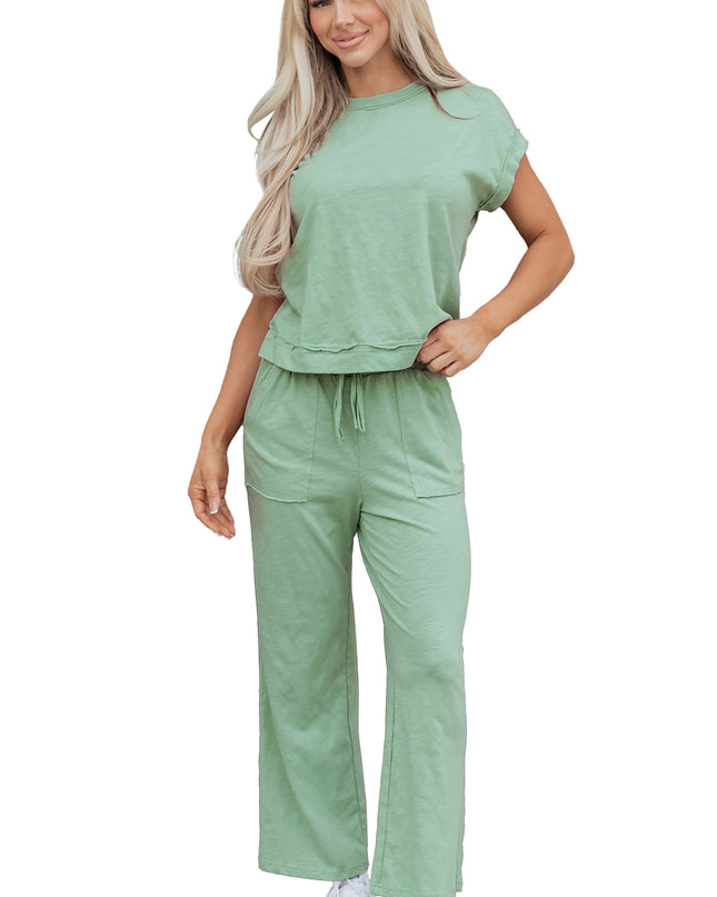 Canton Cuffed Short Sleeve Tee Raw Seam Patch Pocket Drawstring Pants Set