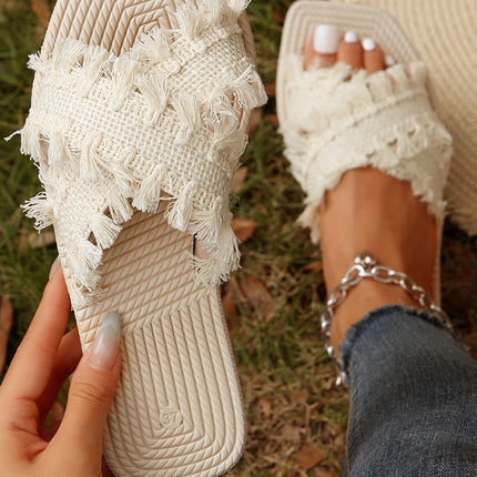 Beige Tassel Woven Crossed Straps Flat Slippers