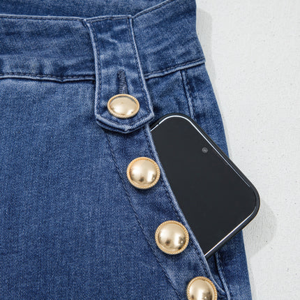 Ashleigh Blue Golden Button Detail Rolled Edge Flare Leg Jeans