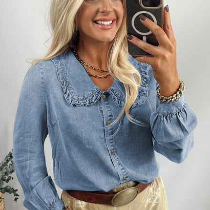 Beau Blue Ruffled Peter Pan Collar Western Denim Shirt