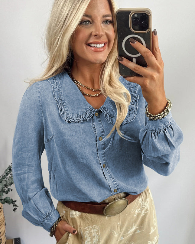 Beau Blue Ruffled Peter Pan Collar Western Denim Shirt