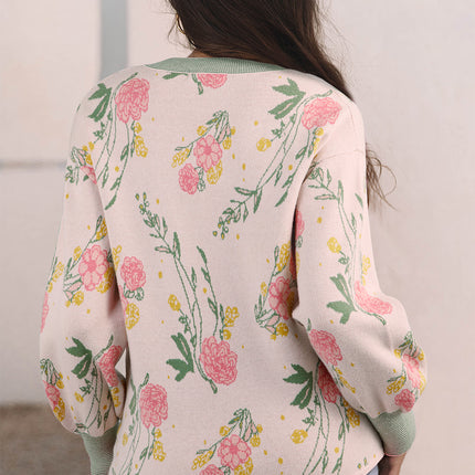 Pink Floral Pattern Striped V Neck Loose Sweater