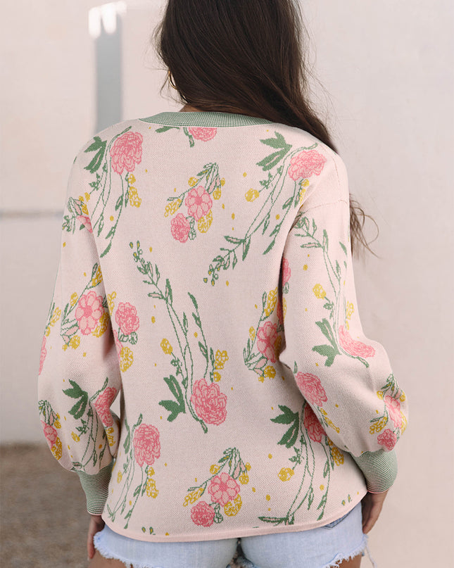 Pink Floral Pattern Striped V Neck Loose Sweater