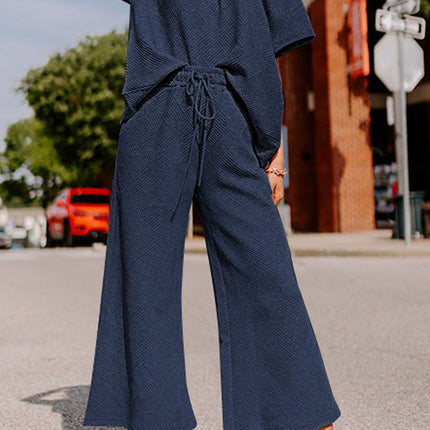 Black Textured Loose Fit T Shirt and Drawstring Pants Set