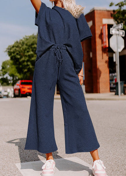 Black Textured Loose Fit T Shirt and Drawstring Pants Set