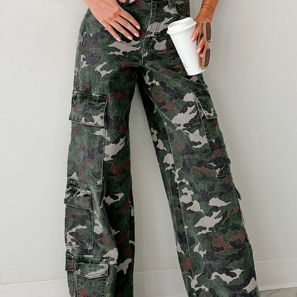 Green Camo Denim Cargo Wide Leg Pants