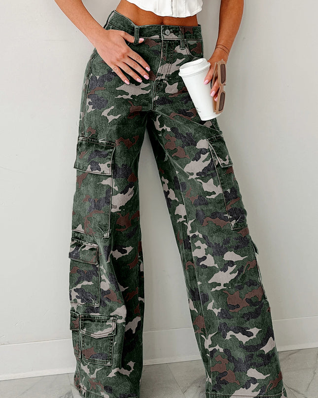 Green Camo Denim Cargo Wide Leg Pants