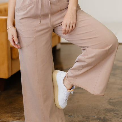 Smoke Gray Solid Color Piping Trim Pocketed Wide Leg Pants