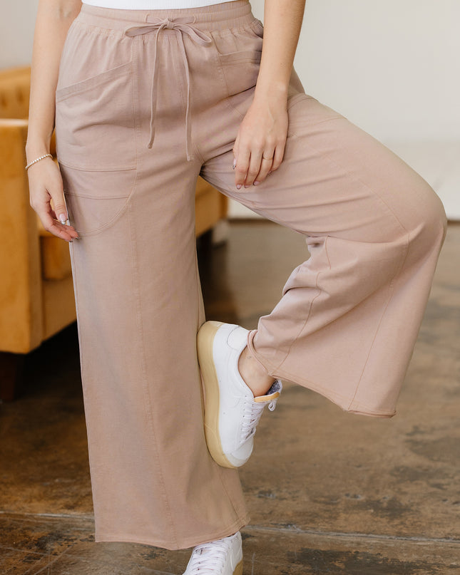 Smoke Gray Solid Color Piping Trim Pocketed Wide Leg Pants