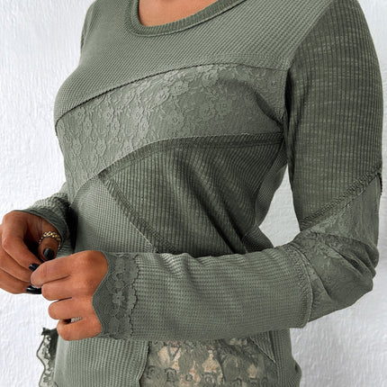 Sage Green Solid Color Waffle Ribbed Lace Patchwork Long Sleeve Top