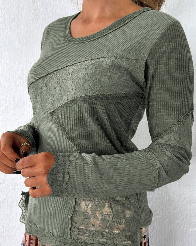 Sage Green Solid Color Waffle Ribbed Lace Patchwork Long Sleeve Top