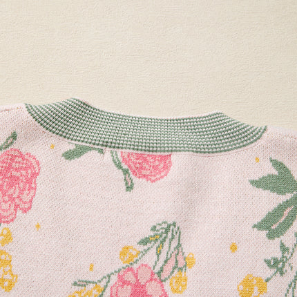 Pink Floral Pattern Striped V Neck Loose Sweater