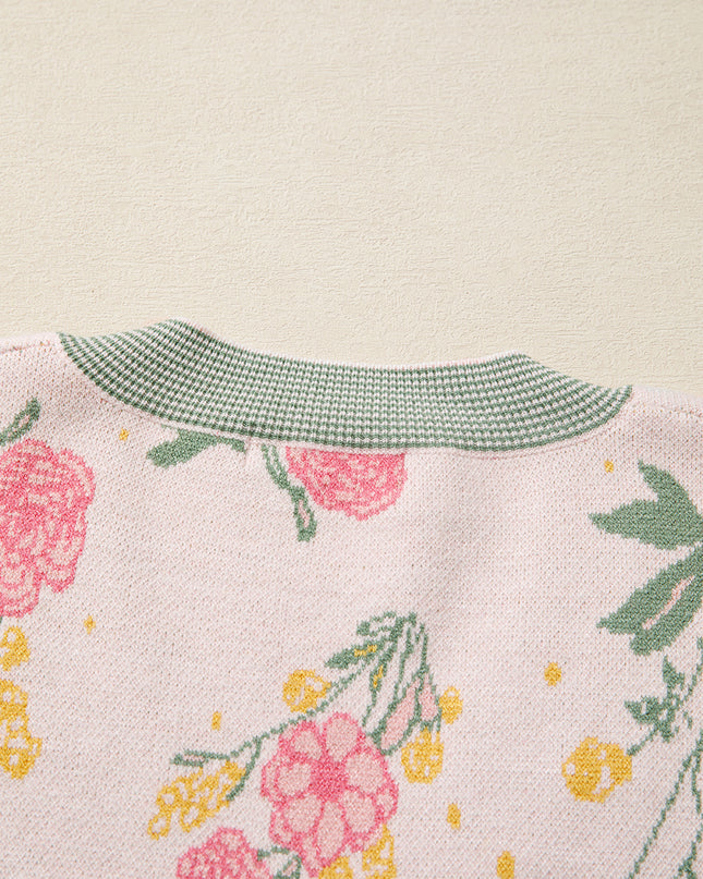 Pink Floral Pattern Striped V Neck Loose Sweater