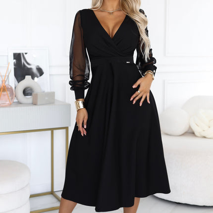 700-1 Flared midi dress with a wrap neckline and sheer sleeves - black