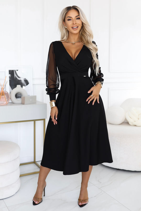 700-1 Flared midi dress with a wrap neckline and sheer sleeves - black