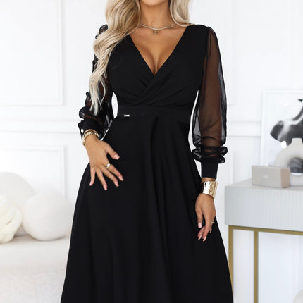 700-1 Flared midi dress with a wrap neckline and sheer sleeves - black