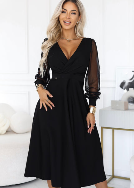 700-1 Flared midi dress with a wrap neckline and sheer sleeves - black