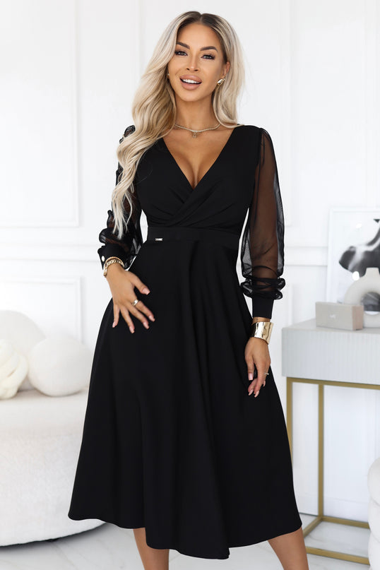 700-1 Flared midi dress with a wrap neckline and sheer sleeves - black