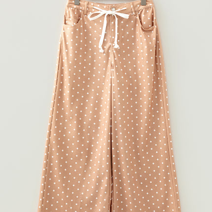 Khaki Polka Dot Print Drawstring Wide Leg Pants