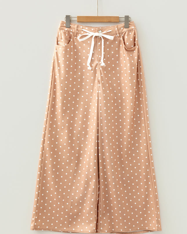 Khaki Polka Dot Print Drawstring Wide Leg Pants