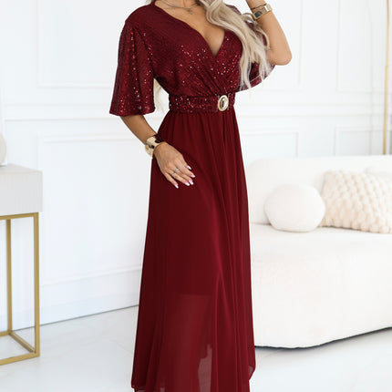 Burgundy Maxi Dress with Sequin Top and Belt – Elvia