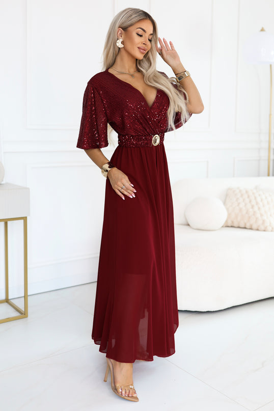 Burgundy Maxi Dress with Sequin Top and Belt – Elvia