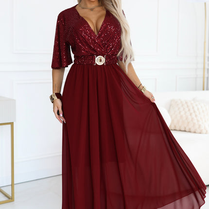 Burgundy Maxi Dress with Sequin Top and Belt – Elvia