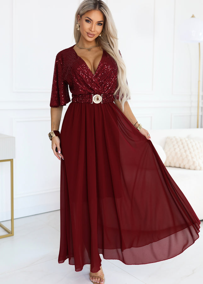 Burgundy Maxi Dress with Sequin Top and Belt – Elvia
