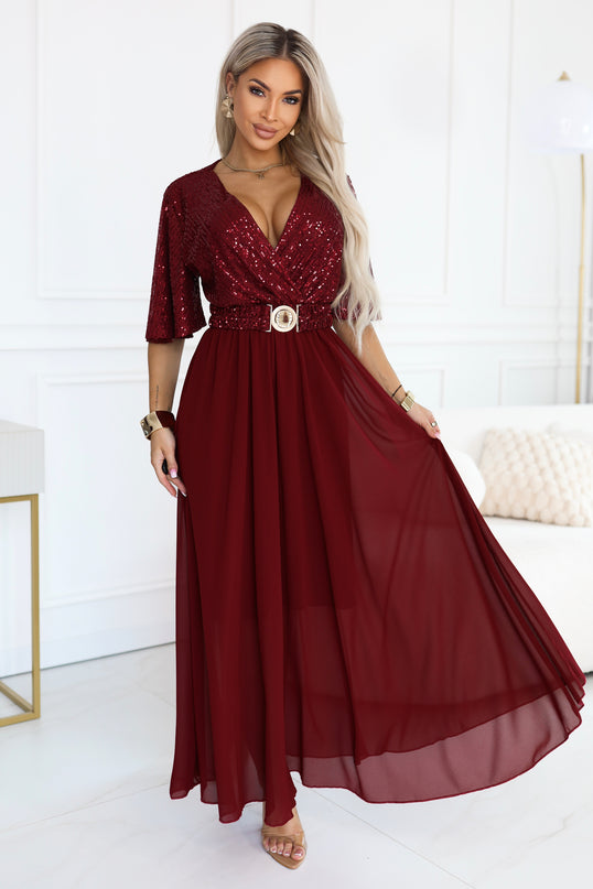 Burgundy Maxi Dress with Sequin Top and Belt – Elvia